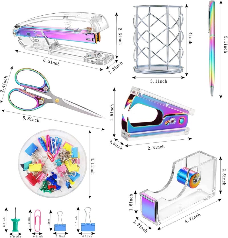 Famassi Dream Color Acrylic Stapler and Tape Dispenser Set, Office Supplies with Tape Dispenser, Stapler Remover, 2 Ballpoint Pen, Scissor, Binder Clips, Paper Clips and 1000pcs Staples - Image 2